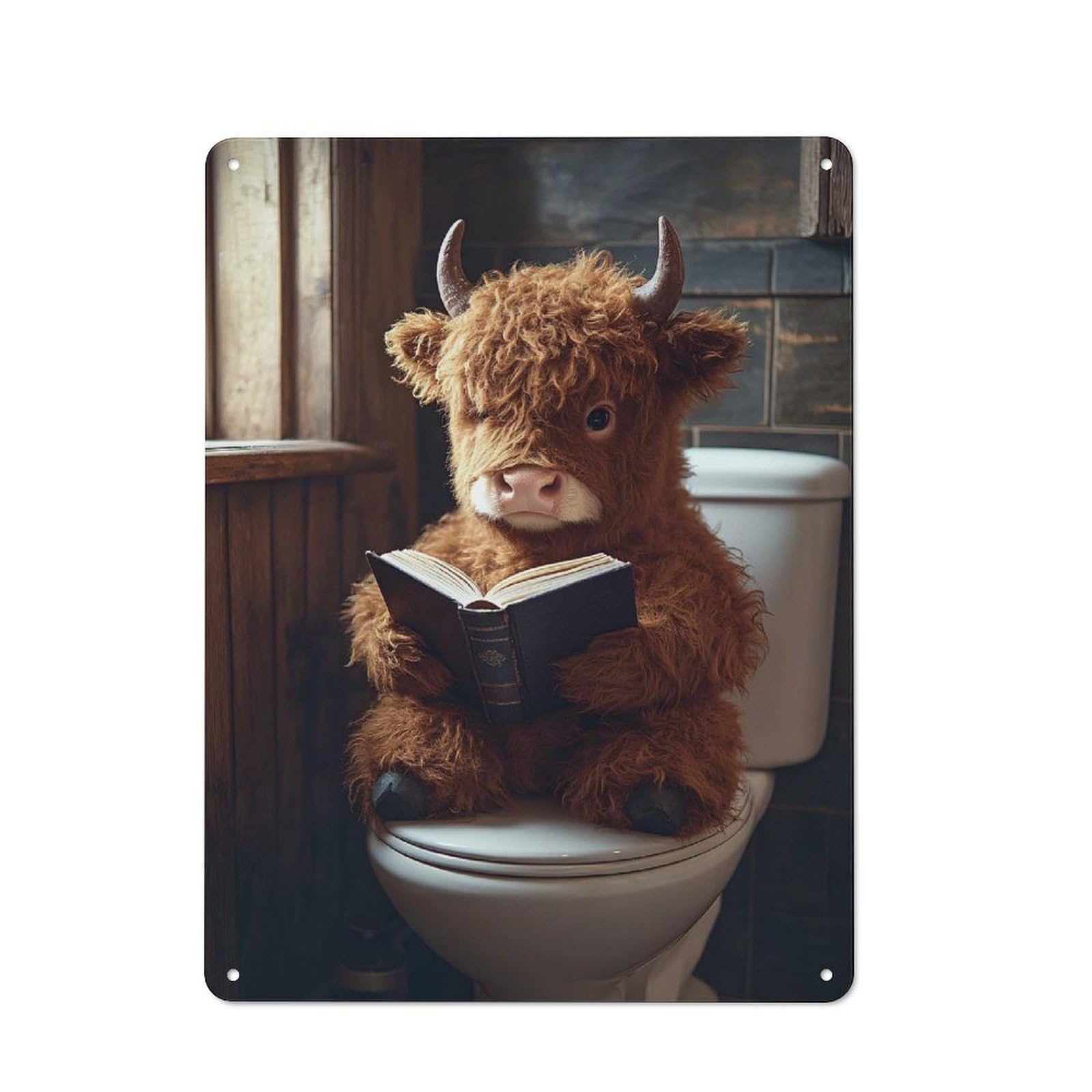 Highland Cow Reading A Book on Toilet Clean Industrial Metal Wall Decor 40x30cm, Decorative Metal Plaque for Workspace, Cafe, Hallway Or Garage