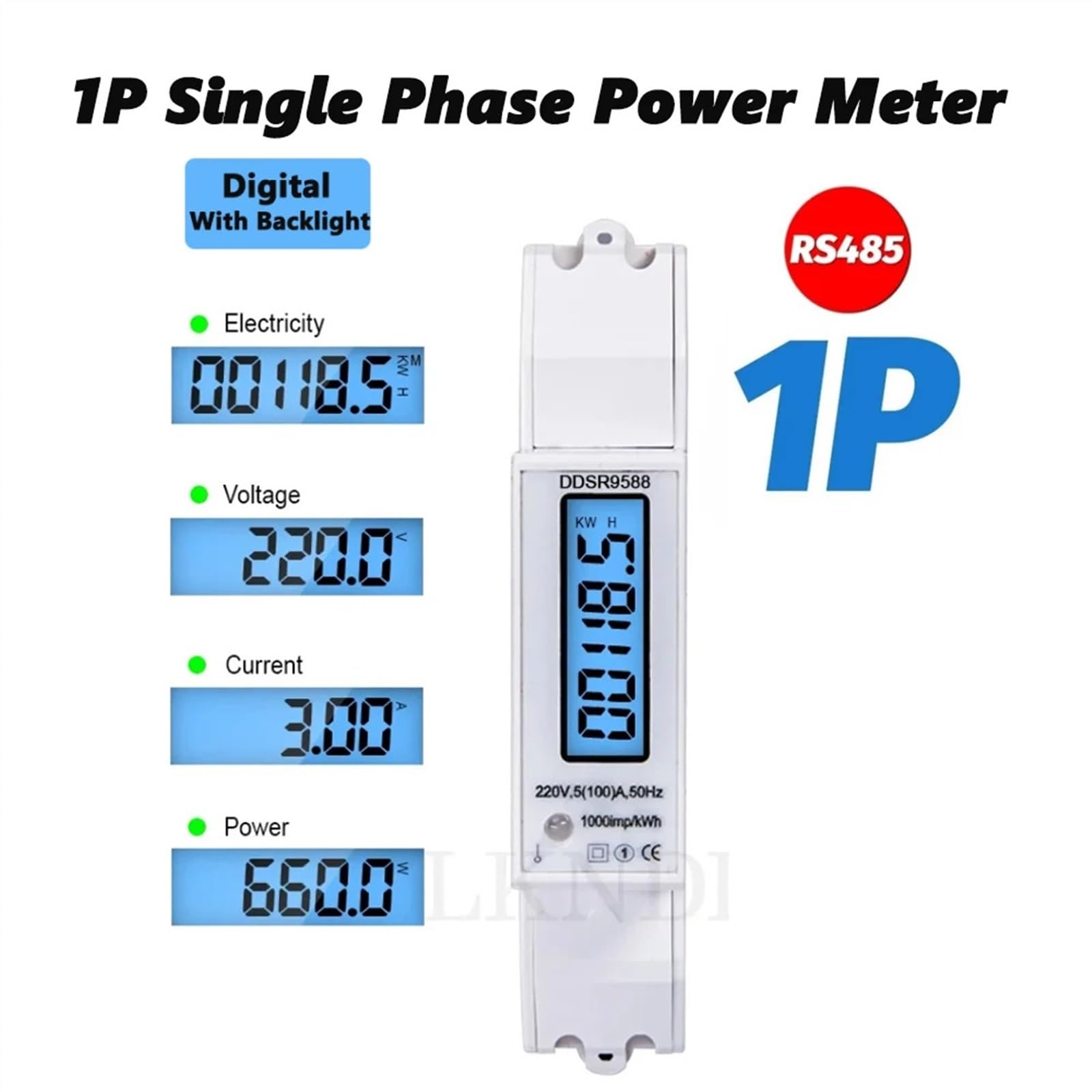 1P cyfrowy watomierz, woltomierz, amperomierz, podświetlenie LCD, wyświetlacz, szyna DIN, miernik KWH, AC 230 V, 5-100 A, RS485 (cyfrowy z światłem)