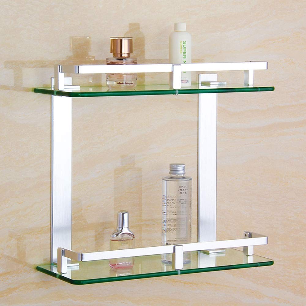 Bathroom Glass Shelf 2 Tier Rectangular Tempered Glass Shelves Wall Mount Space Aluminum Toiletries Storage Holder Shampoo Holder