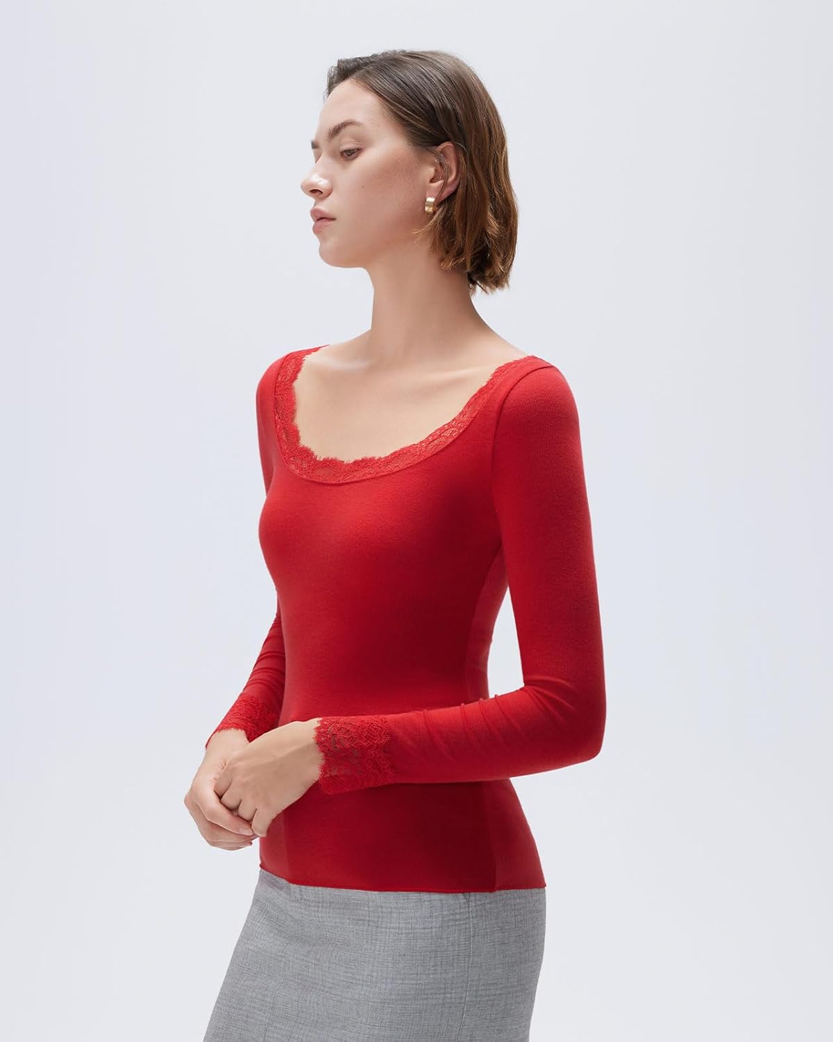 SUUKSESS Cloud Cashmere Women Lace Scoop Neck Tops Basic Long Sleeve Knit Shirts - Image 5