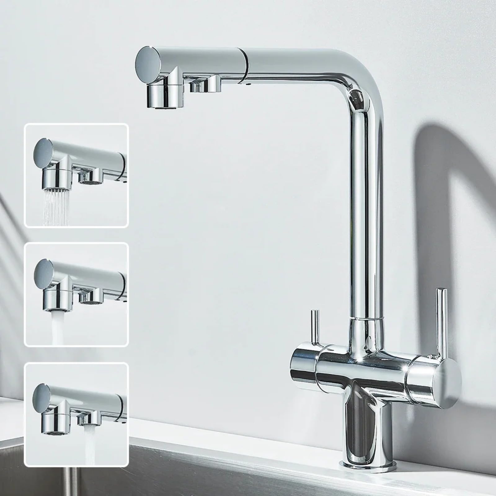 Rubinetto con filtro dell'acqua con rotazione a 360 e doppia funzione di spruzzo, per acqua potabile, finitura cromata