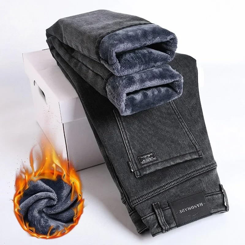 Men's Slim Straight Elastic Denim Pants Casual Male Clothing Plush Trousers Winter Fleece Thick Warm Jeans4