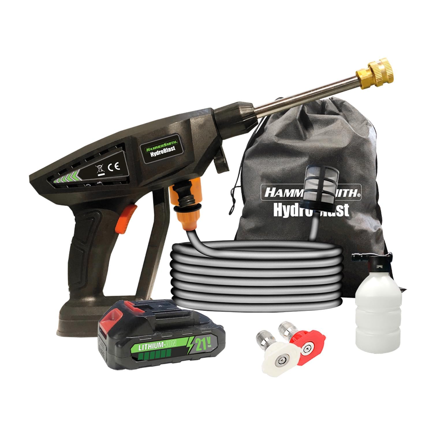 Hammersmith HydroBlast Pistolet de nettoyage sans fil avec réservoir d'eau et accessoires, pour tuyau d'arrosage, nettoyeur haute pression, portable, portée de 5 m
