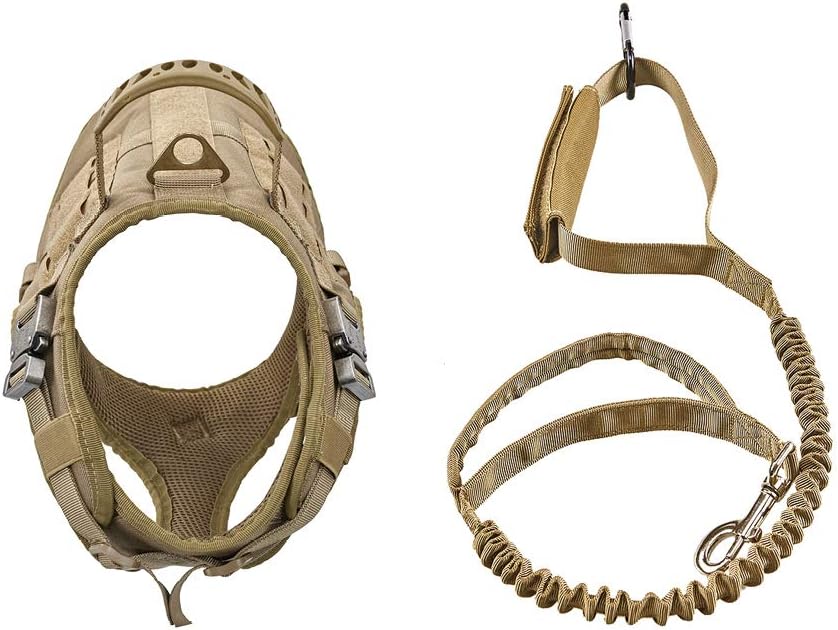 VIVOI Tactical Dog Harness and Bungee Dog Leash Set, Adjustable K9 Military Dog Vest with Rubber Control Handle and Adjustable Dog Leash for Training