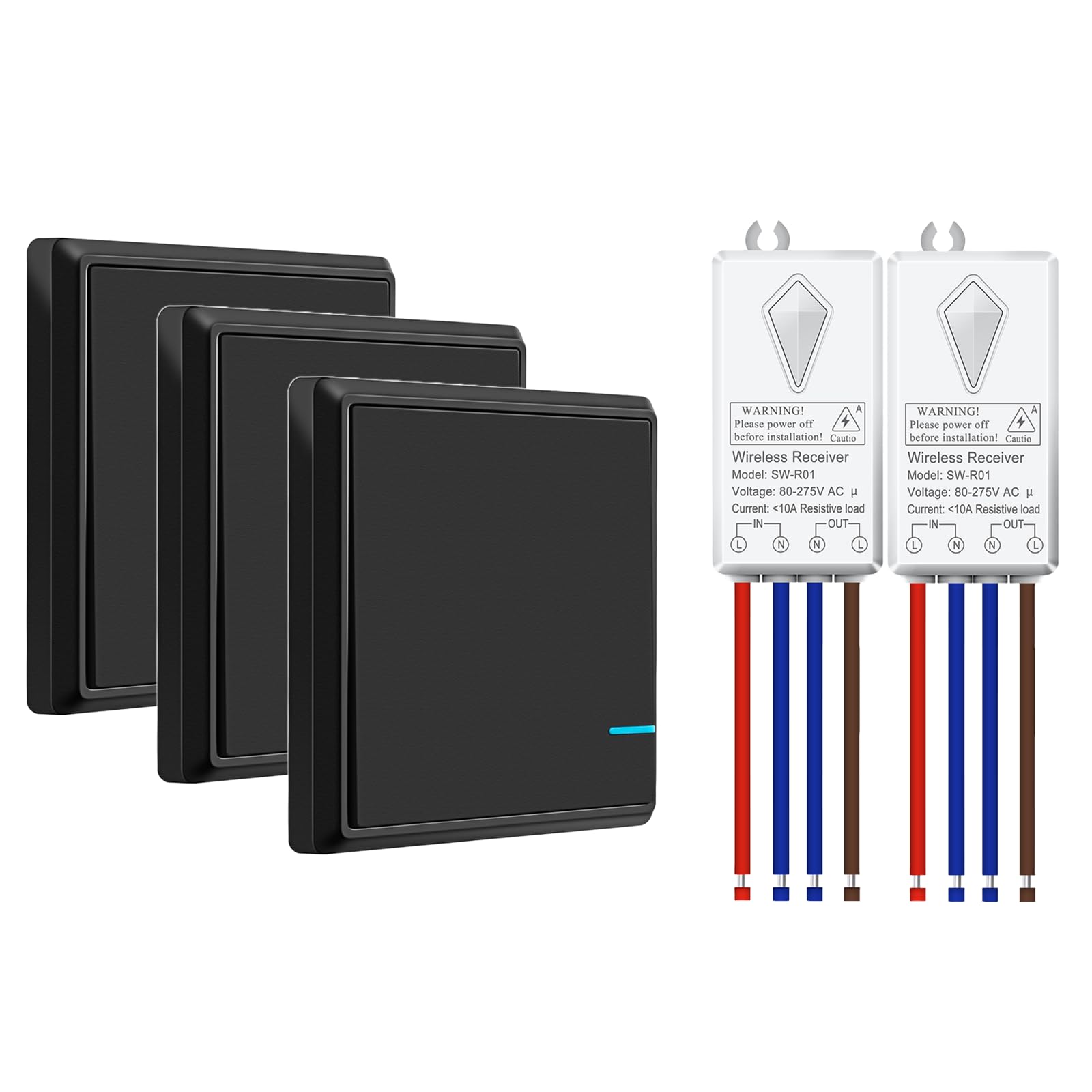 NineLeaf Wireless Switch and Receiver,Black Remote Light Switch with No Wiring,1300FT RF Range,IP66 Waterproof Works for Barhroom,Kitchen,Garden Outdoor Lighting,10A/1000W,3SW+2REV