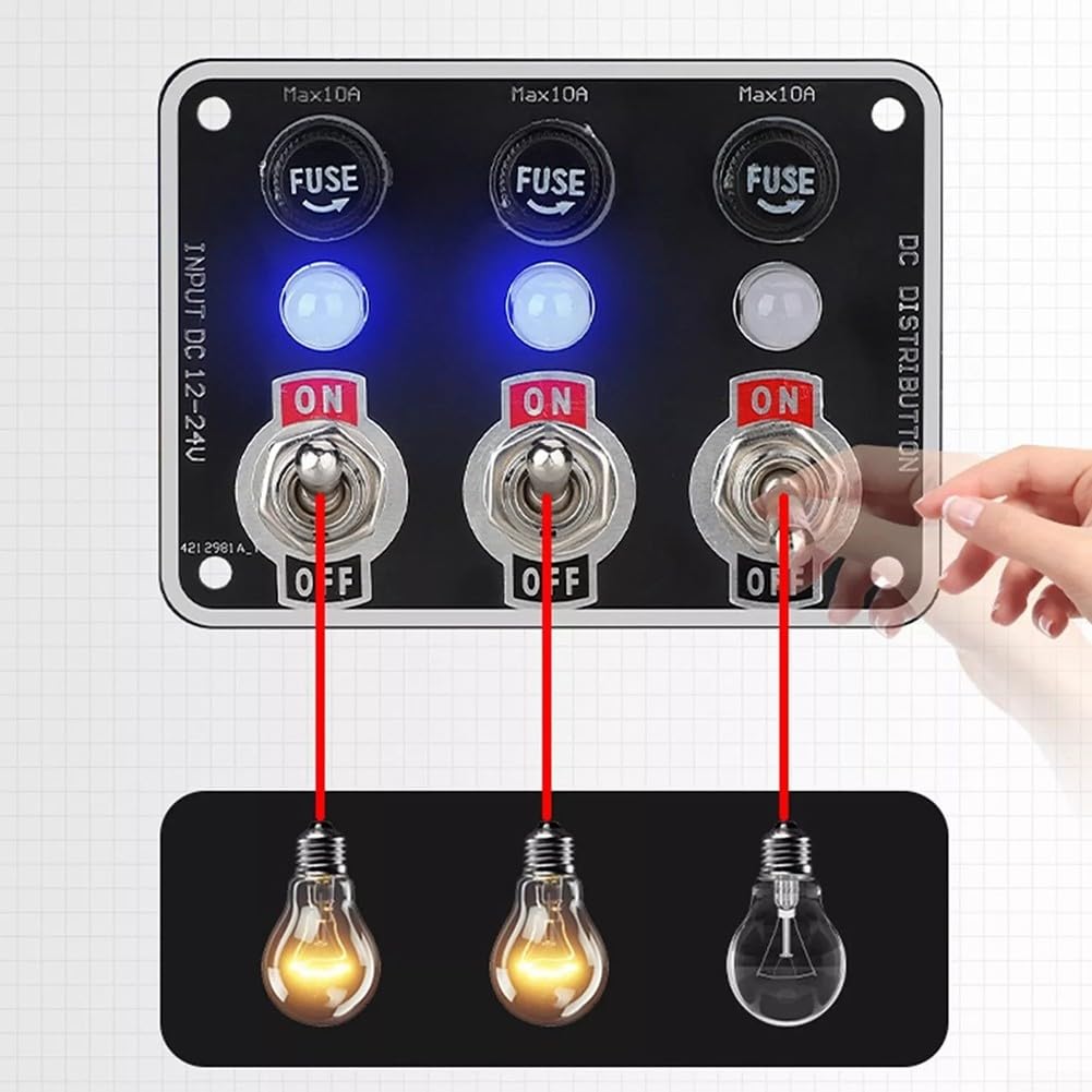 Pannello interruttore a bilanciere in metallo a 3 bande con scatola fusibili interruttore a LED per auto e barca, impermeabile IP66, 12-24 V CC, accessorio di controllo facile da usare