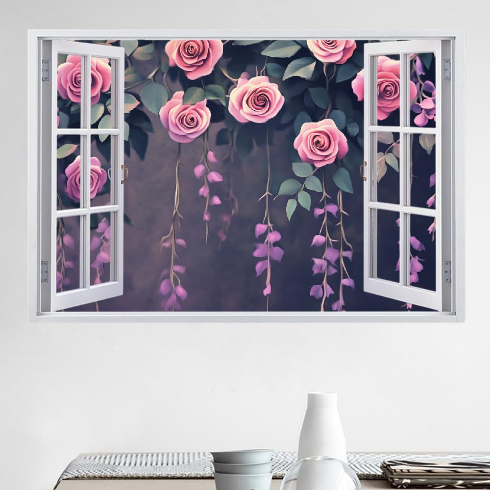 Wandbilder Wandtattoo 3D Rosenblüte Wanddurchbruch Wandaufkleber Natürliche Blumen Fensterdeko Bilder Wanddeko Mädchen Aufkleber Selbstklebend Fenstersticker Wandsticker Kinderzimmer Deko