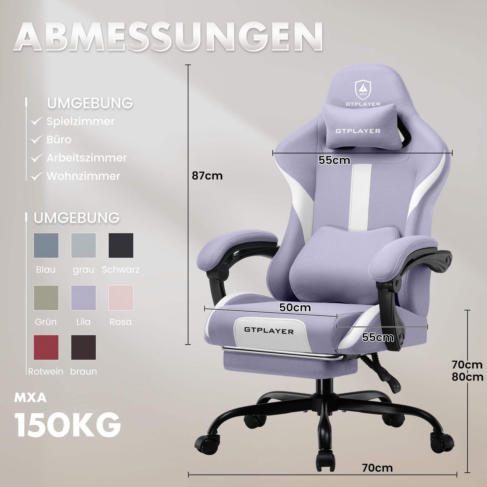 GTPLAYER Gaming Stuhl Bürostuhl Ergonomisch Gaming Sessel mit Kopfstütze und Cloud-Lendenkissen, Gepolstert Gaming Chair mit Fußstütze, Drehsessel,150kg Kapazität, Lila