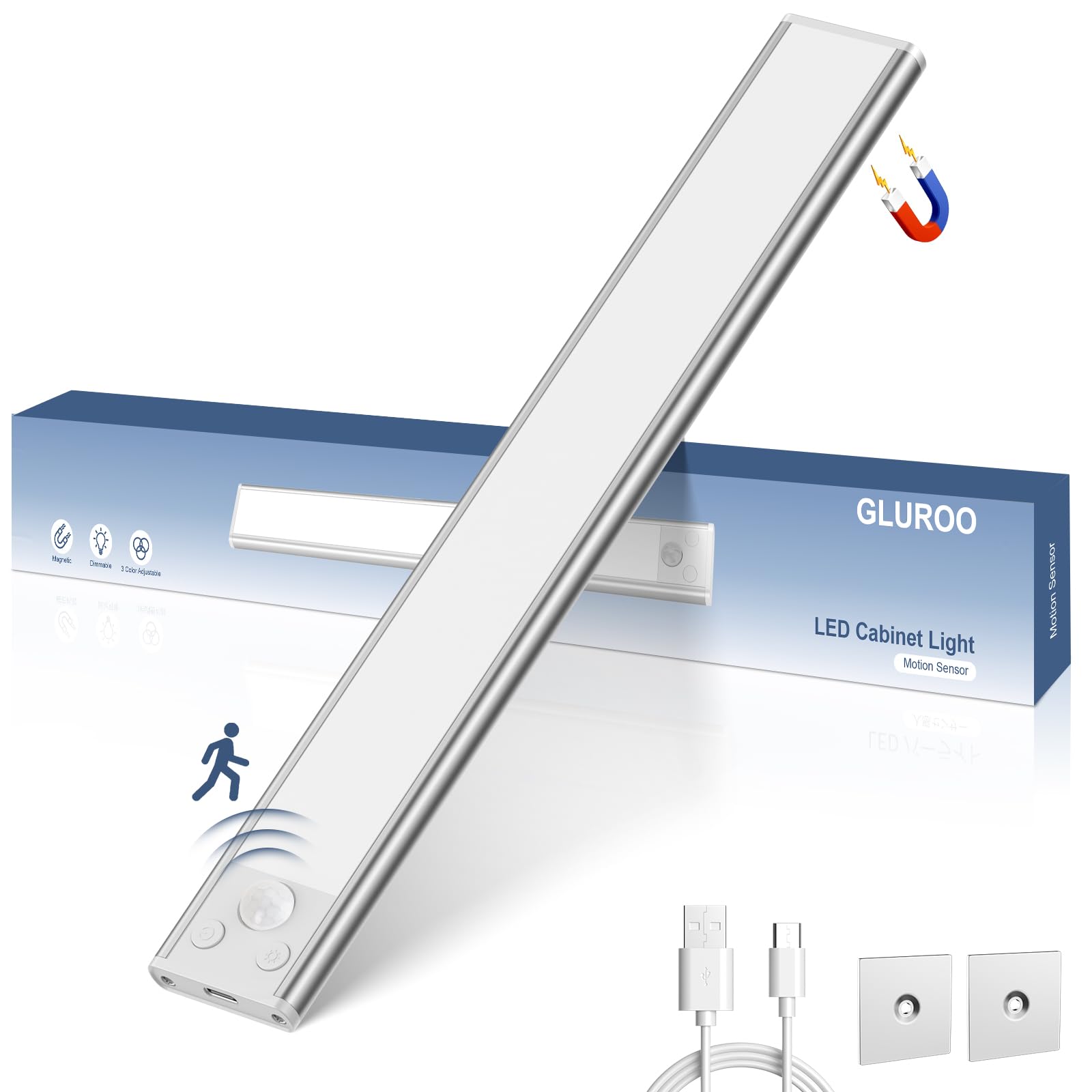 GLUROO Oświetlenie szafki LED z czujnikiem ruchu 30CM, 3 kolory przyciemniane oświetlenie szafki, akumulator USB C, oświetlenie pod szafką kuchenną do szafy, schody