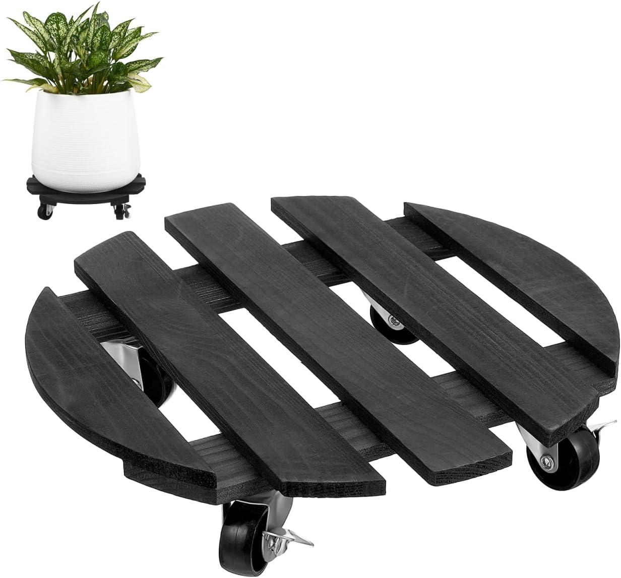 Sosoport Movable Wooden Plant Stand with Wheels 12 Inch Round Plant Holder Roller for Indoor Outdoor Use with Metal Lockable Casters Floor Protection