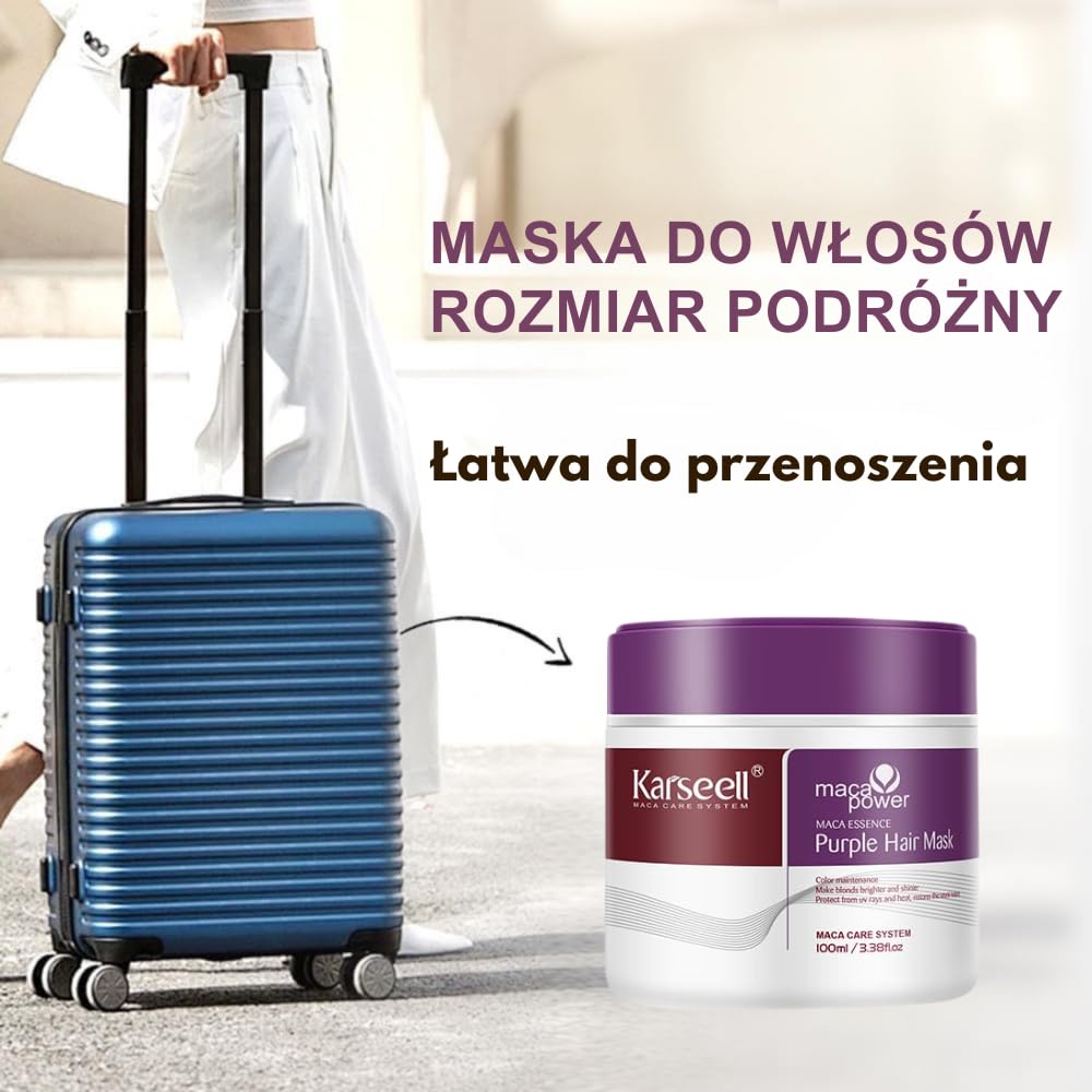Karseell MACA CARE SYSTEM Zestaw Fioletowa Maska Antyżółta 100ml + Serum Argan Shea 50ml Nawilżające Regenerujące Przeciw Puszeniu Profesjonalne Włosy Blond Siwe Rozjaśniane Format Podróżny