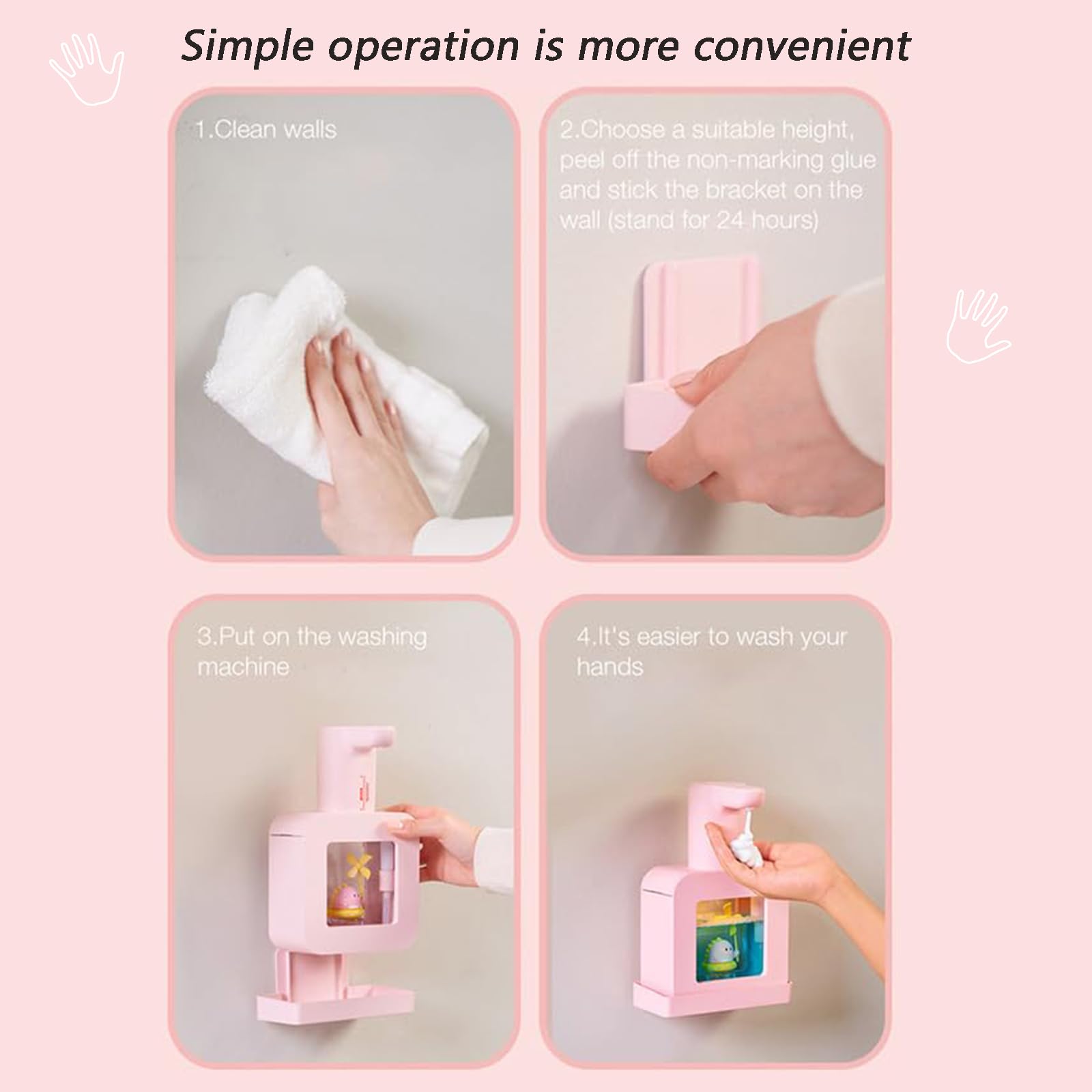 Dispenser Automatico di Sapone con Sensore, Dispenser di Sapone Schiumogeno Touchless per Bambini, Illuminazione Soffusa e Calda Macchina per Lavaggio a Mano Impermeabile(Rosa)
