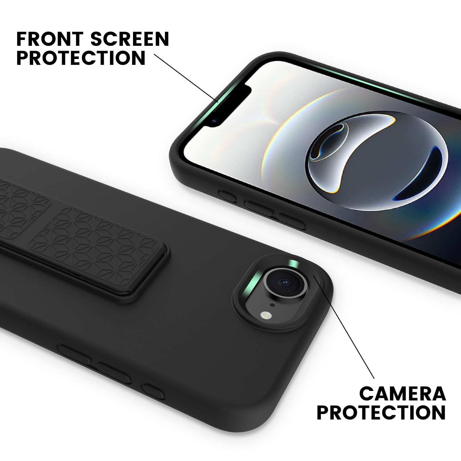 LAUDTEC - Funda de silicona compatible con iPhone 16E, soporte vertical y horizontal, correa de mano de metal, funda flexible de silicona líquida suave para iPhone 16E (negro)