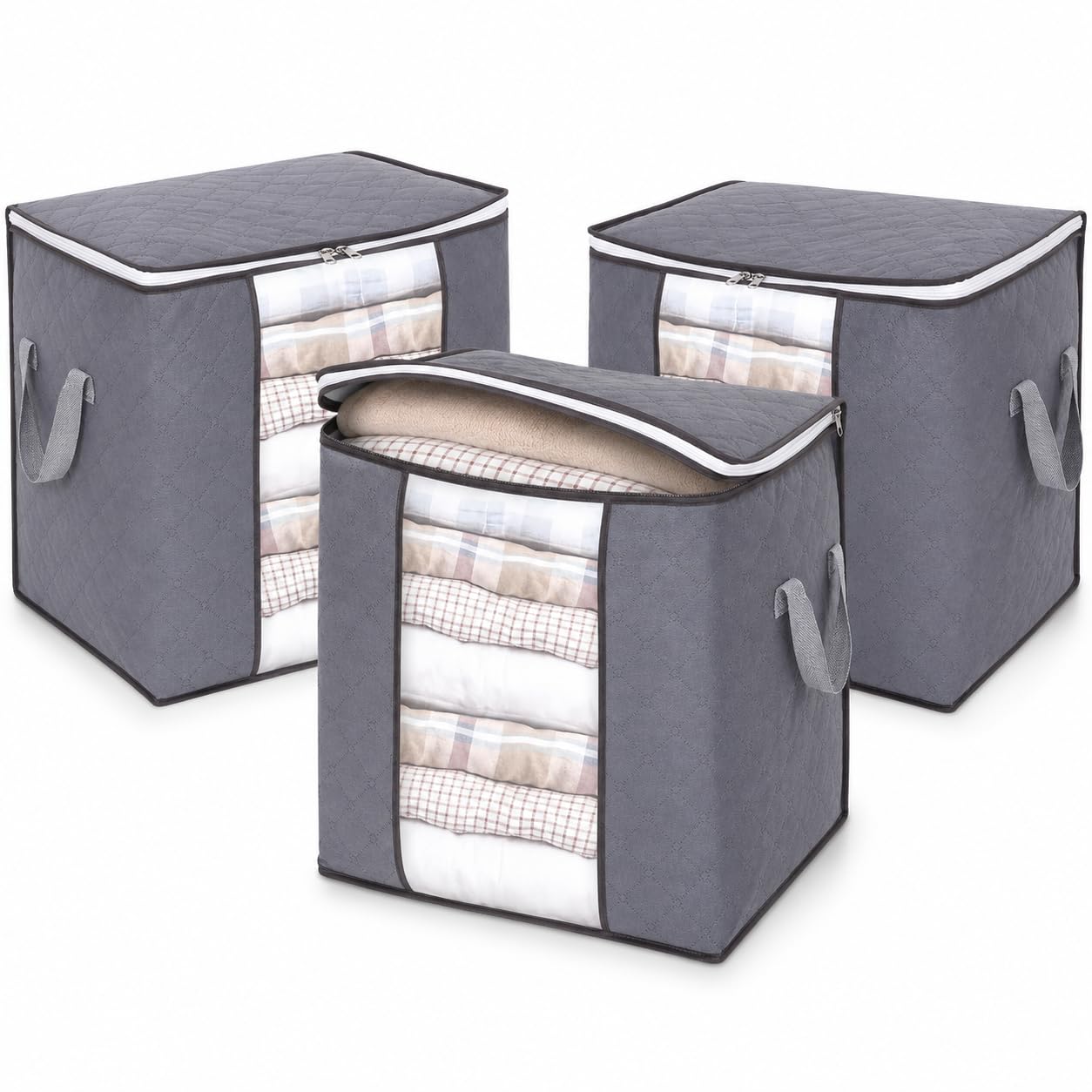 1ABOVE 3 Pack 60L Grey Clothes Storage Bags with Clear Window | Foldable Storage Bag | Wardrobe Storage Organiser | Perfect for House Moving, Storing Clothes, Toys & Duvet. Dust/Mites Proof- 46x28x48