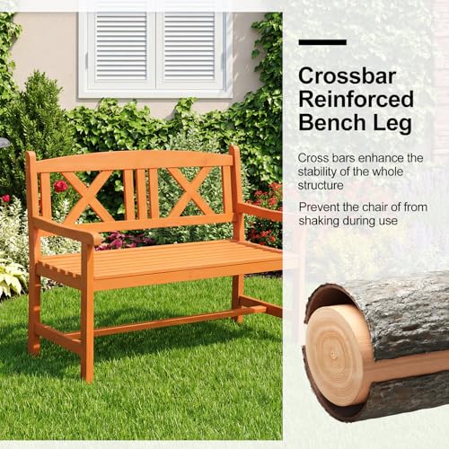 Panana 2 Seater Wooden Garden Bench Outdoor Solid Wood Bench 121cm Patio Chair Furniture Armrests Backrest for Decking Porch Backyard - Image 7