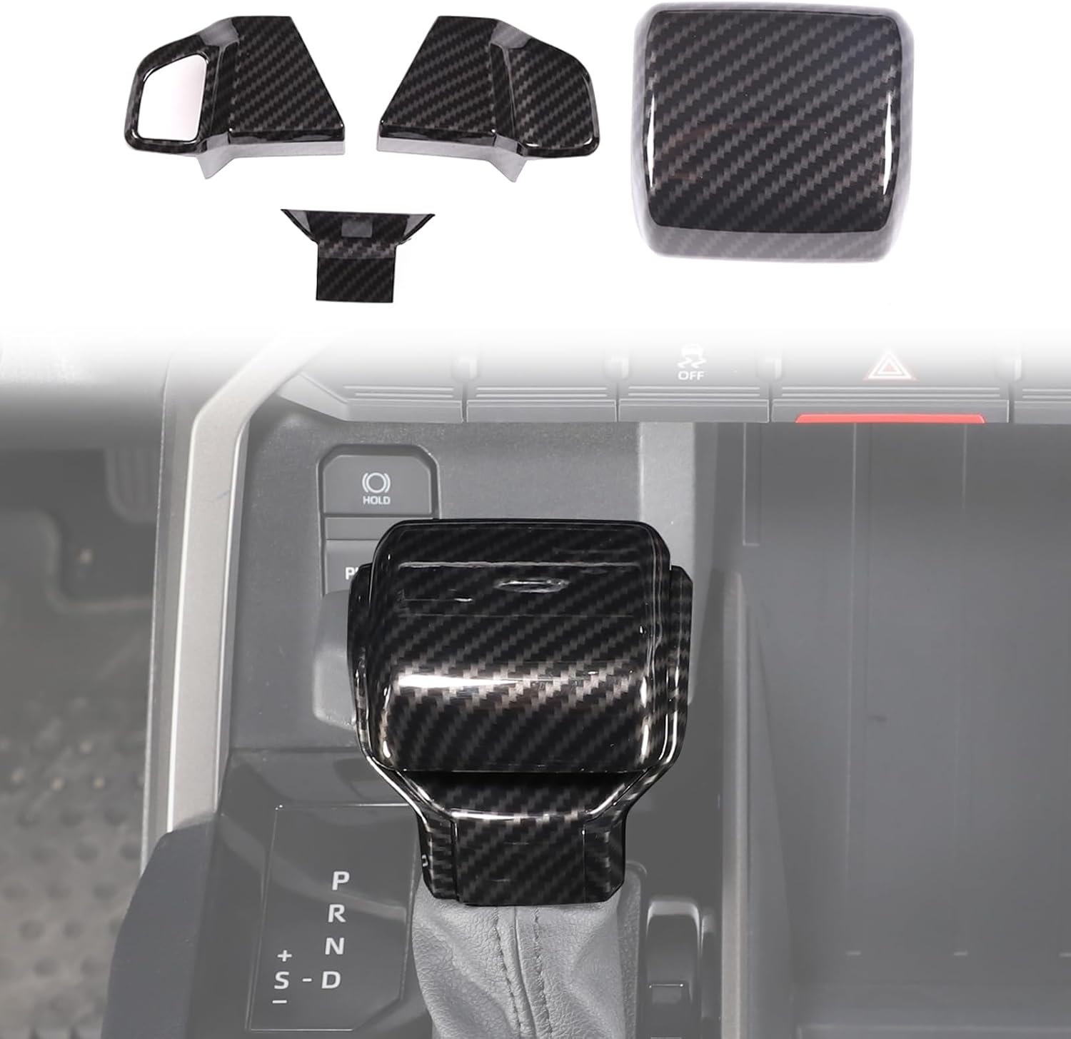 Car Shifter Gear Hand Brake Cover Trim Compatible with Toyot @Tundra/Sequoia 2022-2025 Center Console Gear Shift Knob Head Protection Cover Decorative (Gear head and side frame, Carbon fiber grain)
