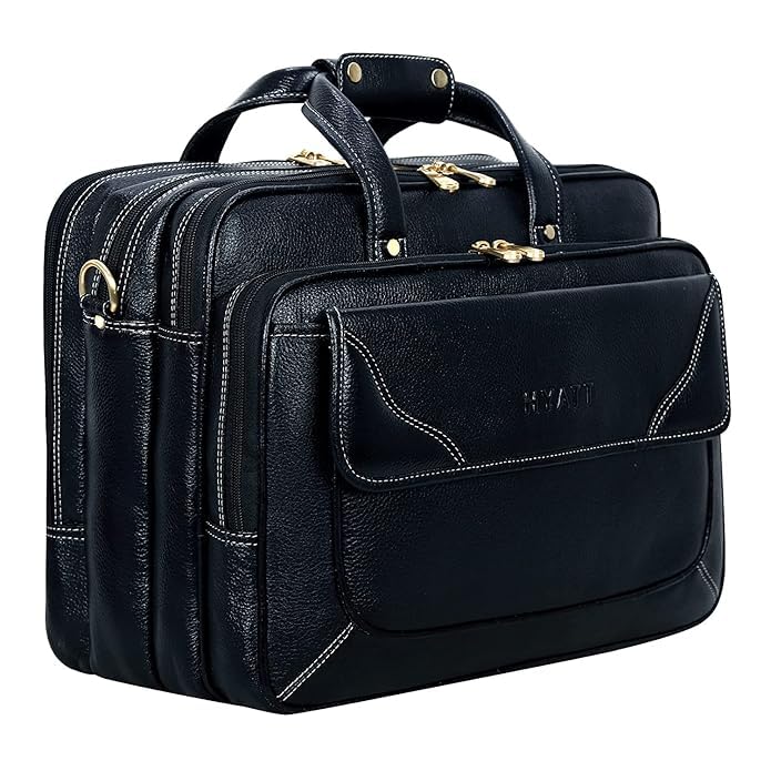 Image of Full-Grain Natural Genuine Pure Orginal Leather Office Briefcase Laptop Messenger Shoulder Bags For Mens Man Office Use 15.6 Inch cabin szie travelling Size-L-16'' X H-12'' X W- 6''