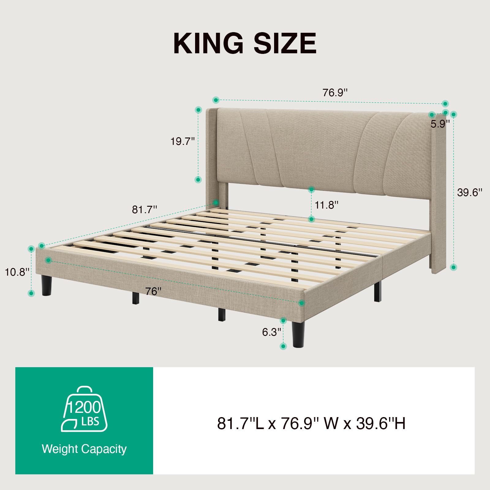 Novilla King Bed Frame, King Bed Frame with Headboard, Linen Upholstered Wing Side Headboard, No Box Spring Needed, Heavy Duty Feet, Easy Assembly, Beige