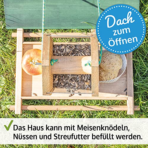 zooprinz Vogelhaus zum aufhängen – Vogelfutterspender mit stabilen Sitzstangen und Schutz-Dach für Wildvögel – witterungsbeständig und langlebig – Mit Seil