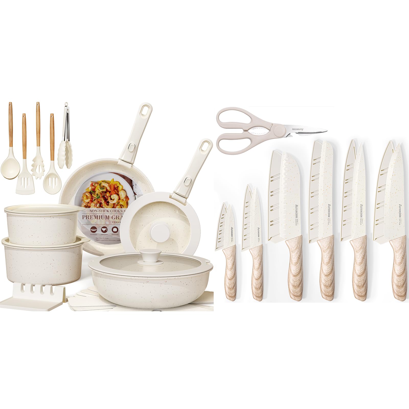 Astercook 34 Pcs Pots and Pans Set Non Stick,Ceramic Cookware Set Detachable Handle, with Kitchen Knives Set