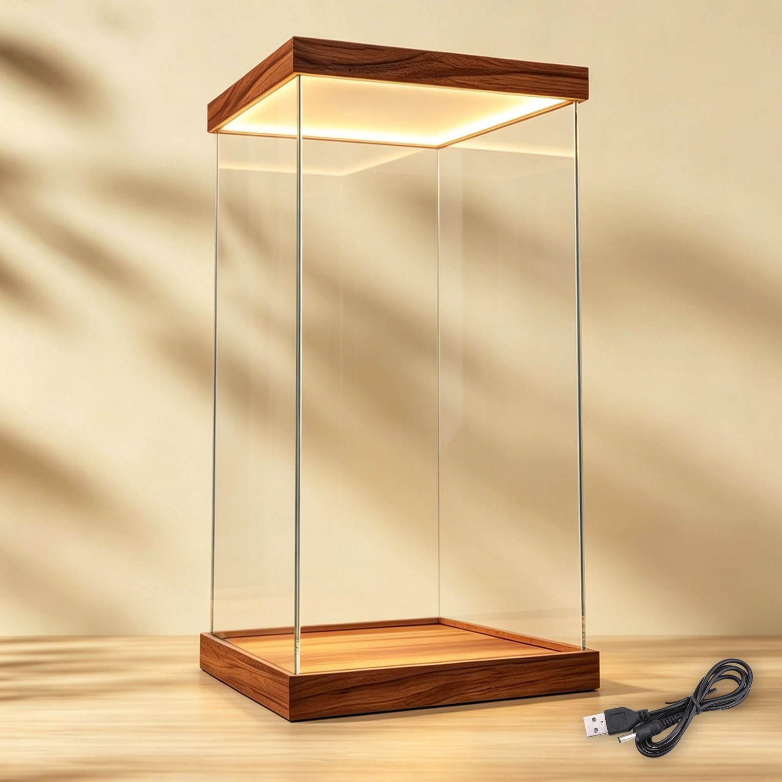 LED Light Acrylic Display Case with Wooden Base, 24 28 30 35in XX-Large Tall Clear Display Box, Dustproof Assembled Showcase Box for Collectibles(Wood,20x20x30cm/8x8x12in)