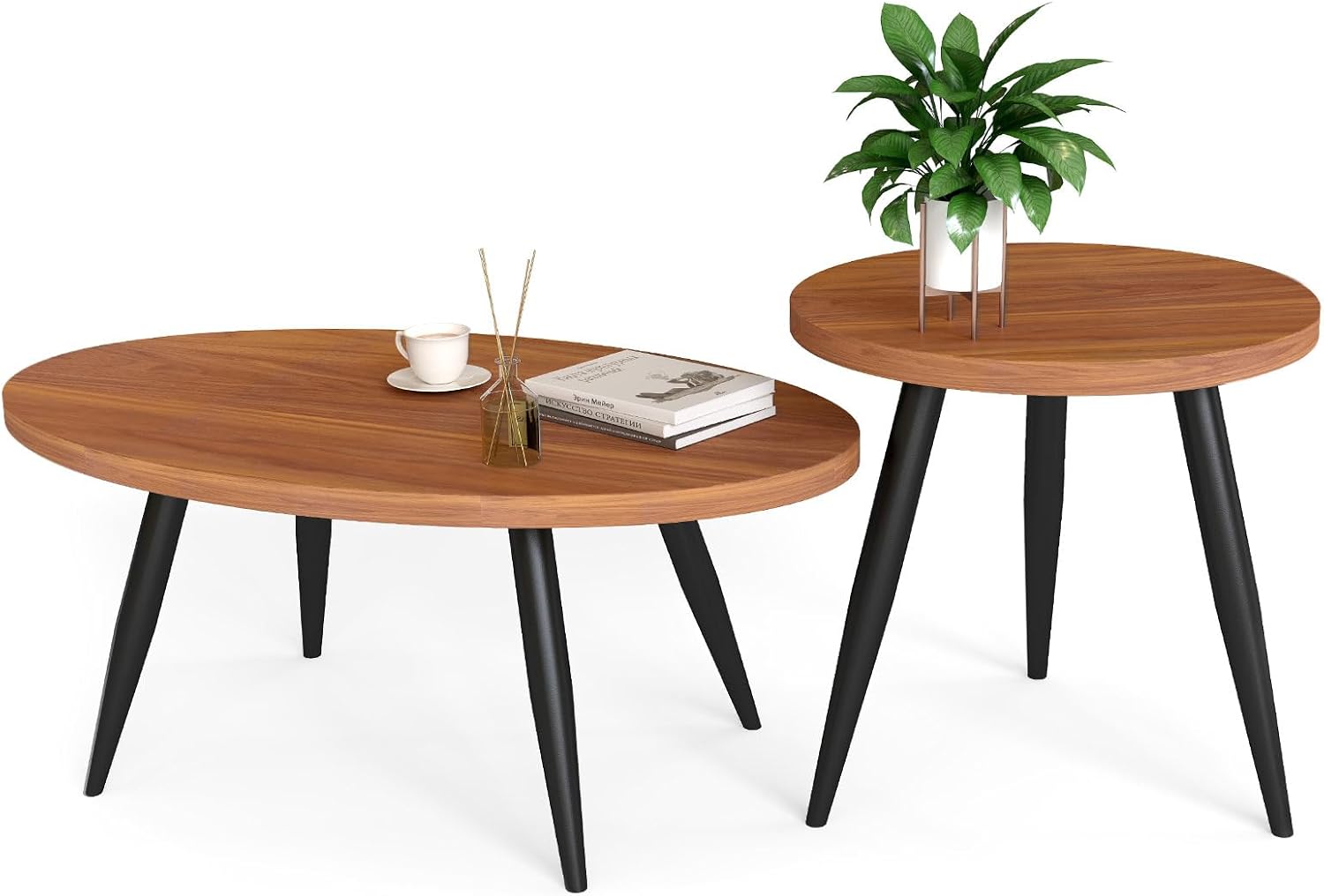2-Piece Nesting Coffee Table Set, Oval & Round Mid-Century Modern Side Tables with MDF Tabletop & Metal Tapered Legs, Accent Table Set for Living Room, Small Spaces (Walnut)