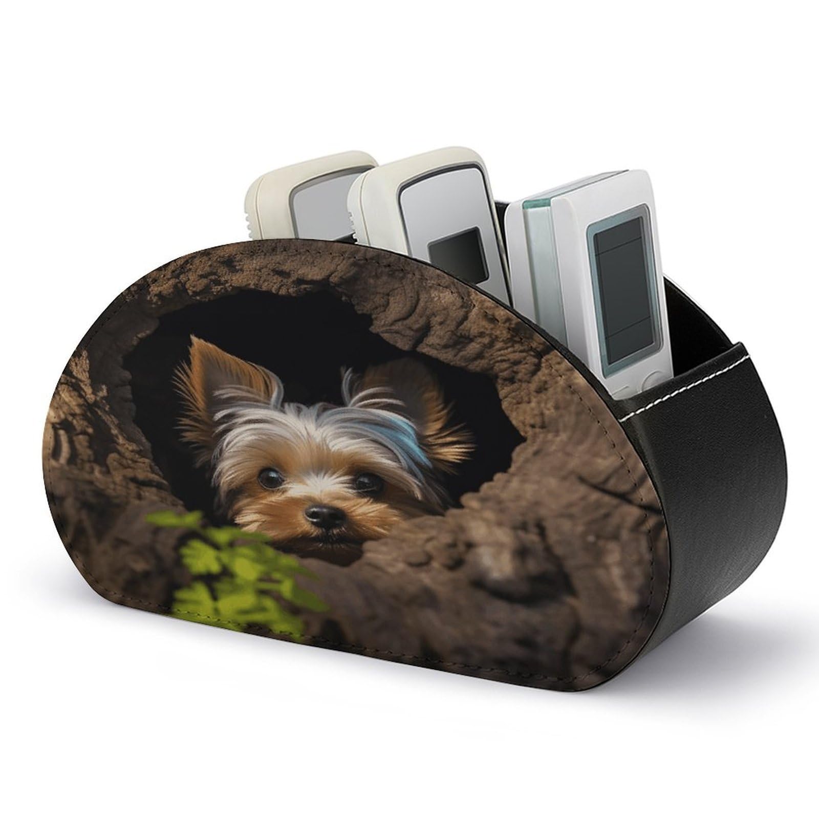 A Little Yorkshire Terrier Nestled in A Tree Hole Remote Control Holder with 5 Compartments PU Leather TV Remoter Caddy Desktop Organizer TV Remote Holder Remote Box for Media Controllers Office Suppl