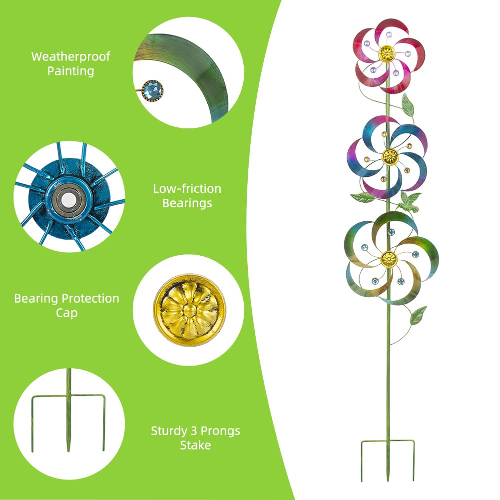 DREAMSOUL Small Flower Wind Spinners Outdoor, Metal Wind Sculptures & Spinners Kinetic Wind Spinners for Yard and Garden 49.2 * 9.6 Inches
