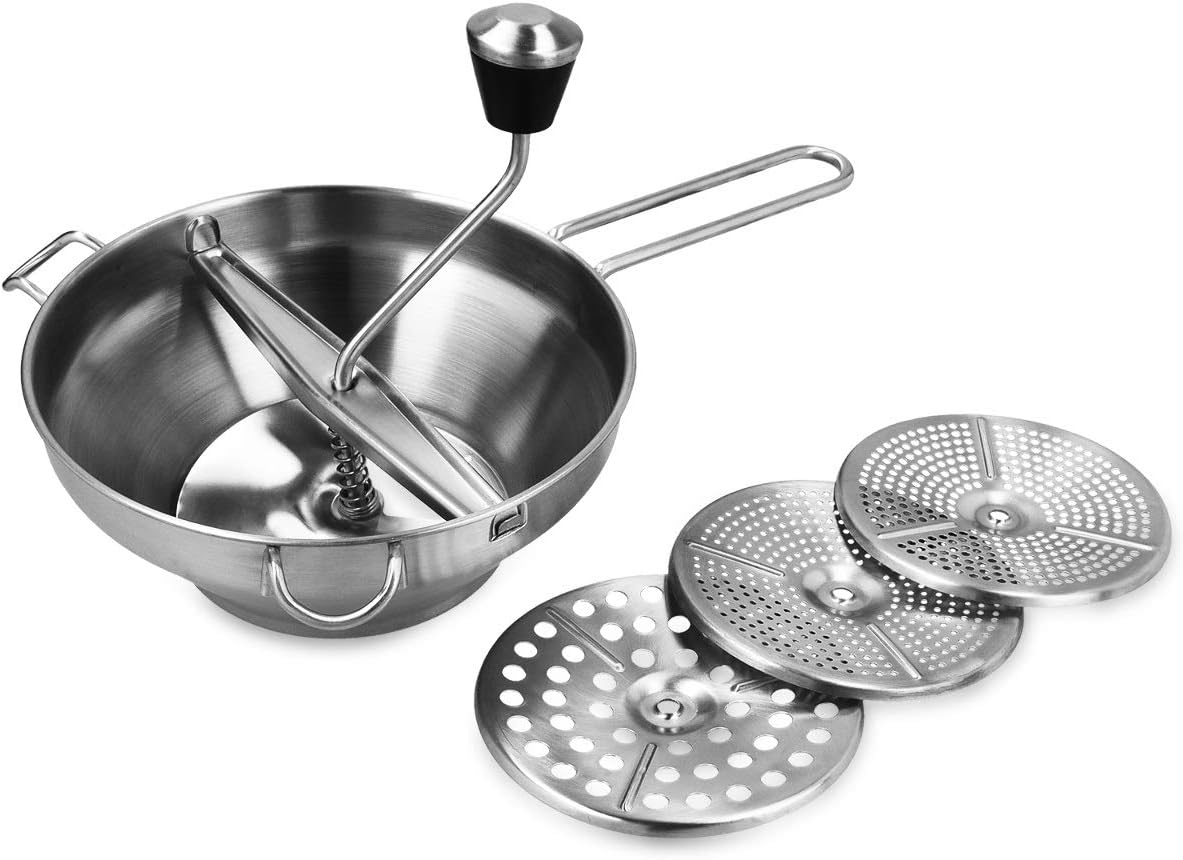 Navaris Food Mill components including the main body, hand crank, and three grinding discs