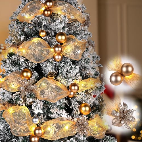 Hollowfly 16.4 ft Christmas Tree Ribbon Garland Mesh with Lights Decor Mesh Christmas Ball Garland Poinsettia Flower Hanging Ornament for Mantle Front Door Xmas Decoration(Champagne Gold)