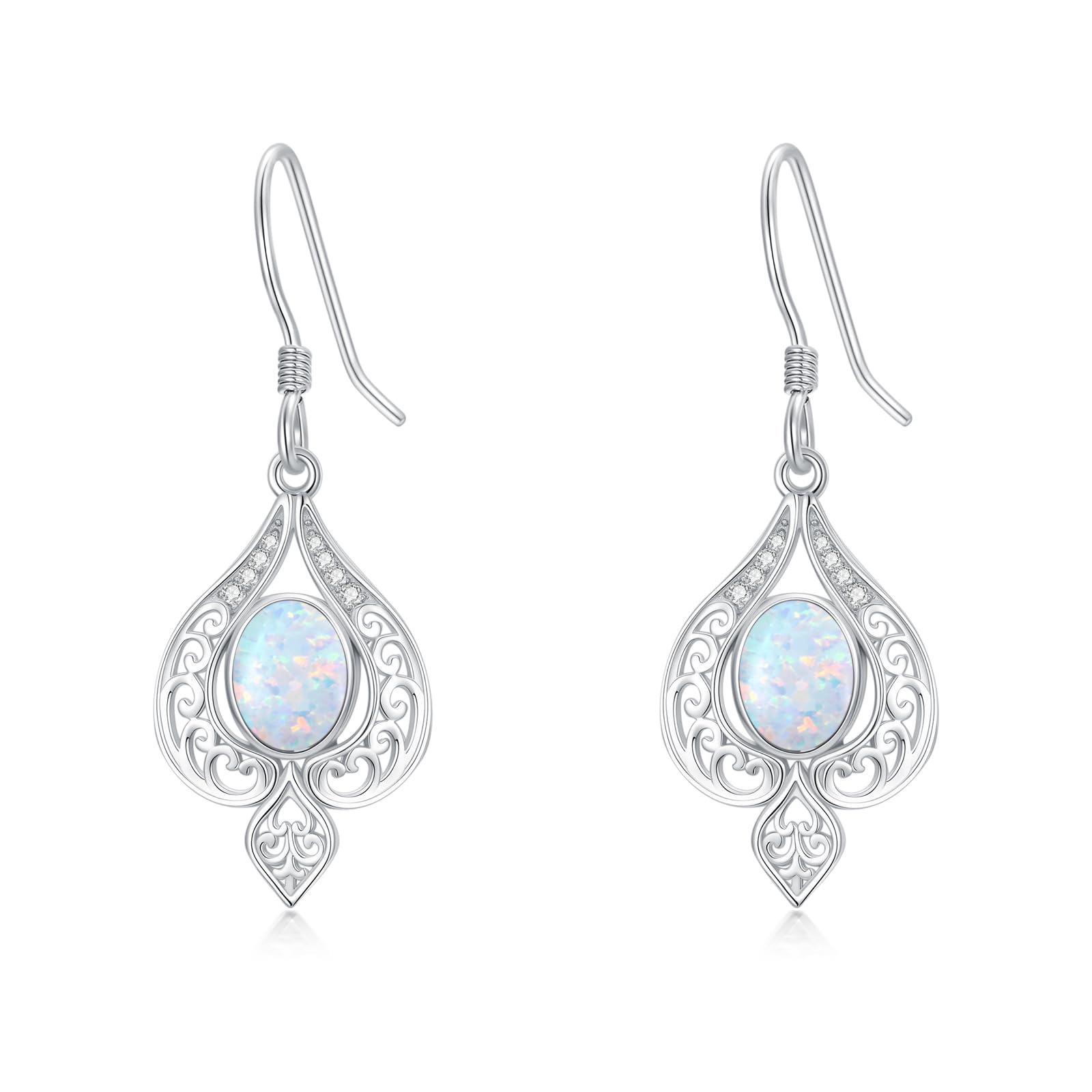 MOTIEL Vintage Opal Dangle Earrings for Women 925 Sterling Silver Genuine Opal Dangle Drop Earrings with Diamond October