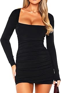 TZLDN Women's Mini Dresses Long Sleeve Side Ruched Square Neck Sexy Low-Cut Bodycon Casual Club Party Cocktail Night Out E...