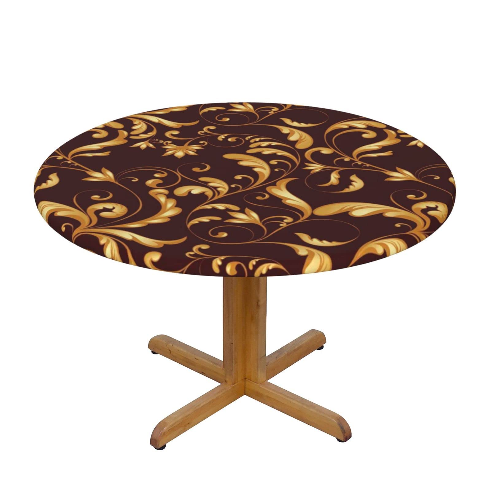 Lsjuee Round Fitted Tablecloth 45-50in Elastic Edged Table Cloth for Kitchen Dining Party Home Decor - Flower Texture Gold