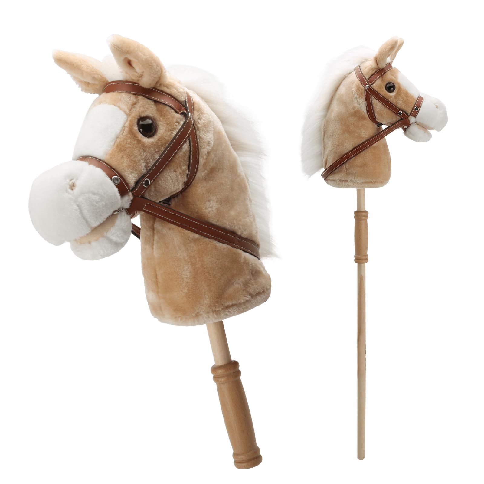 Linzy Toys 35.5" Plush Stick Horse - Funny Hobby Horse with Pony Sound, Soft Realistic Mane &amp; Durable Leather Reins, Pretend Play Riding Toy for Boys &amp; Girls Ages 3+ (Palomino Light Brown)