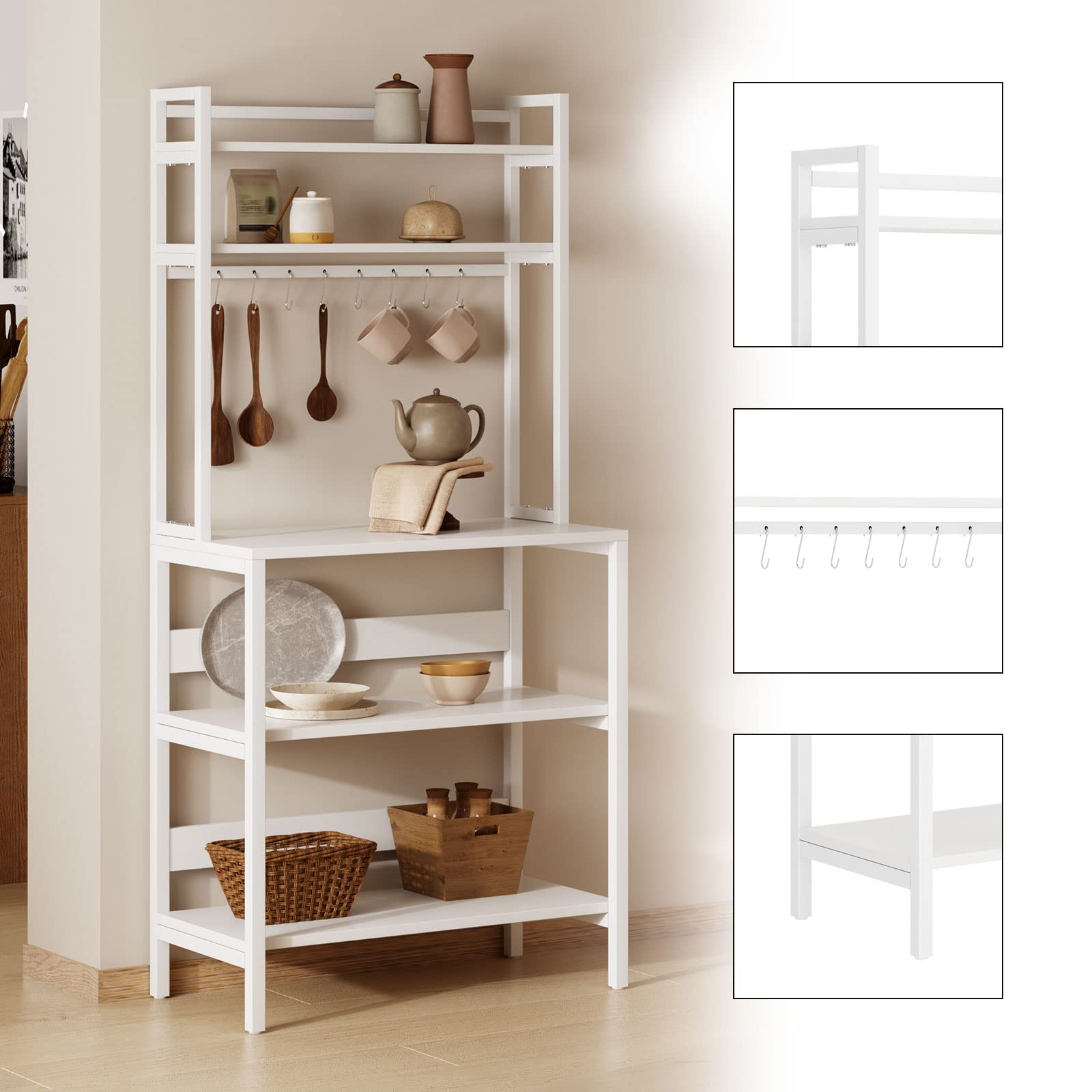 sogesfurniture Scaffale industriale a 5 ripiani per forno a microonde con ripiani bar da caffè per soggiorno, scaffale portaoggetti per ufficio a casa, 8 ganci, bianco