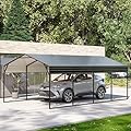 LAUSAINT HOME 12x20 FT Metal Carport Enhanced Base Heavy Duty Garage Carports, Outdoor Galvanized Car Shelter, Oversized Carport Canopy with Steel Roof and Frame, for Pickup, Boat and Tractor