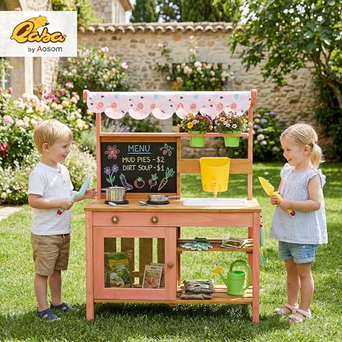 Qaba Kids Mud Kitchen with Canopy, Wooden Outdoor Play Kitchen with Planter Box, Chalkboard, Sink, Kitchenware & Garden Tools, Pretend Play Outdoor Toys Gifts for Girls Boys Age 3-6, Pink