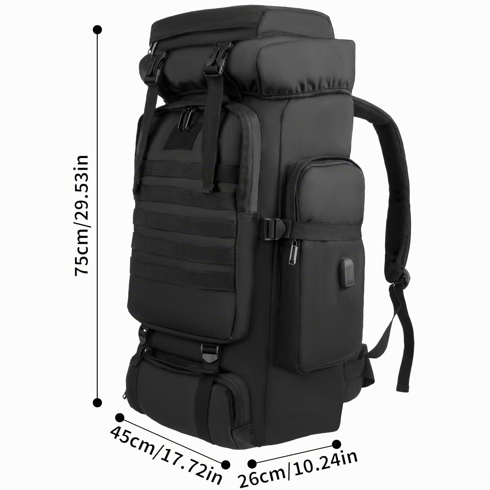 Sac à dos de randonnée Molle de grande capacité - Cadre tactique durable - 80 l - Sac à dos avec port de charge USB pour homme et femme - Pour le camping, l'escalade, l'extérieur, les voyages