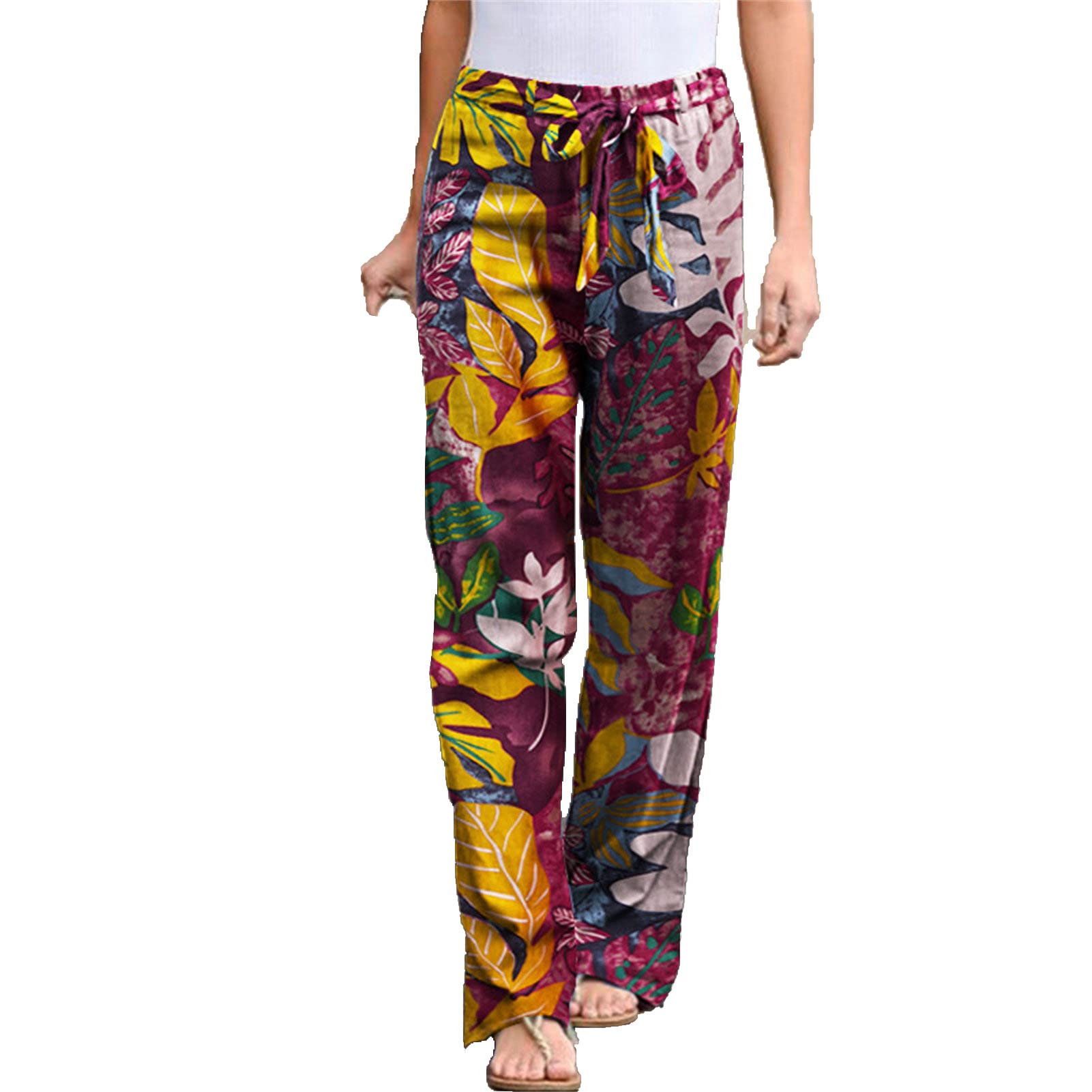 Maiyifu-GJ Women Floral Print Linen Belted Pants Elastic High Waist Printed Hippie Trousers Casual Beach Wide Leg Lounge Pant (Color,4X-Large)