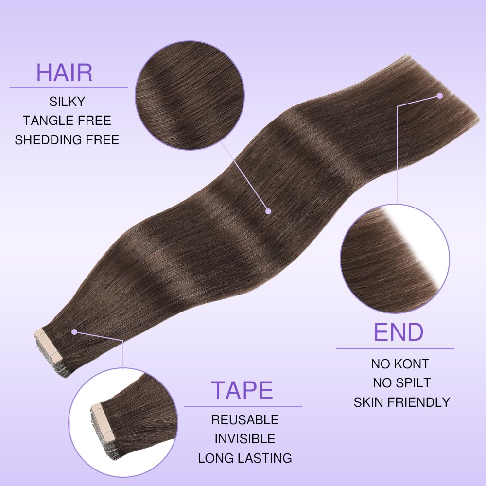 Extension Capelli Veri Biadesivo 20pcs Extension Biadesive 50cm 50g Marrone scuro Extension Biadesive Capelli Veri Invisibile Extension Capelli Veri(20inch,2#)