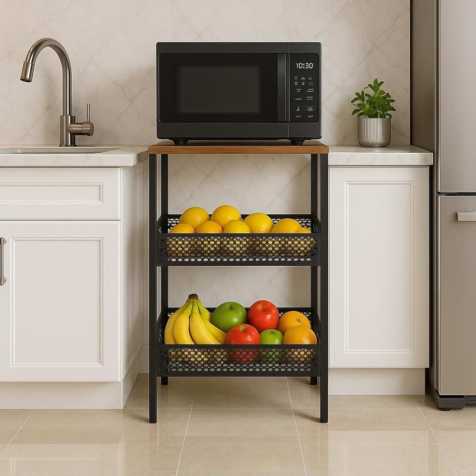 Fruteira De Chão Cozinha Cestos Moderno Para Frutas Com Tampo Mdf Suporta Micro-ondas airfryer