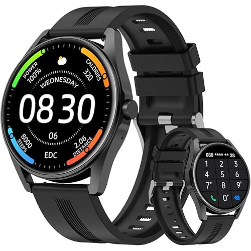 HUAKUA Smart Watches for Women Men (Answer/Make Calls) Compatible with iPhone/Android Phones, Round Smartwatch Digital Watch Fitness Tracker with Heart Rate Monitor Sleep Tracker Waterproof Black