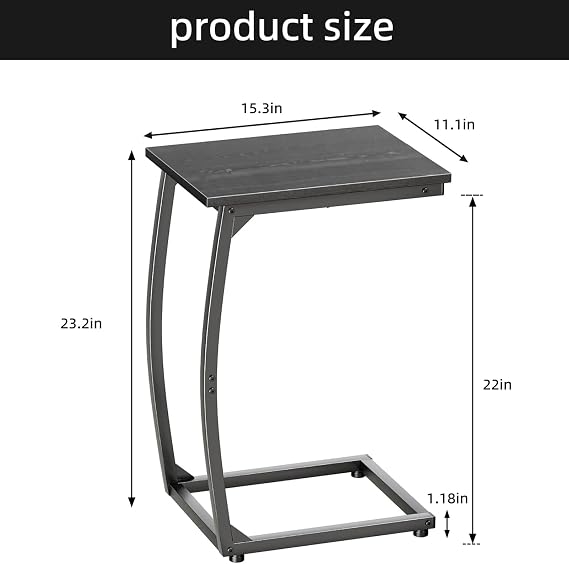LAKEMID C Shaped Side Table,Couch Side Tables that Slide Under,Sofa End Table with Metal Frame,C Table for Sofa,Easy Assembly,Space-Saving,TV Tray Table for Living Room or Bedroom (Black)