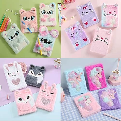 Miniatura 6 de Diario de unicornio de felpa con diseño de arco iris, diario mullido, regalos para los amantes de los animales, para niños, niñas, adolescentes,