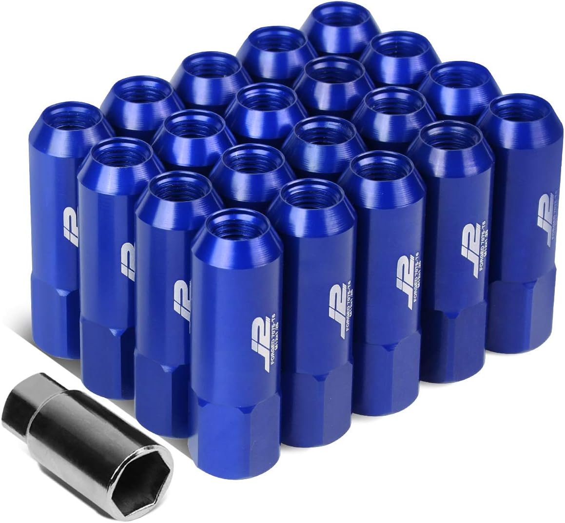 J2 Engineering 20 Pcs 7075 Aluminum Tall Open End M12 x 1.25 Lug Nuts Set w/Socket Adapter, Blue, Fit Conical Seat, LN-T7-003-125-BL