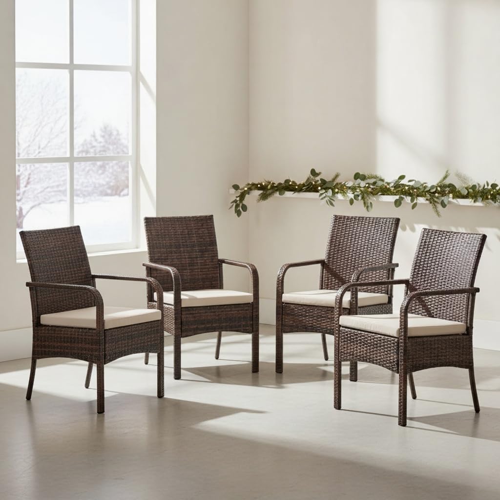 IDZO Lithe Upgraded Wicker Outdoor Dining Chairs Set of 4, 400 lbs Capacity, 2000 Hours UV Protection, Powder-Coated Steel Frame, Removable Seat Cushions, Weather-Resistant Patio Furniture Set