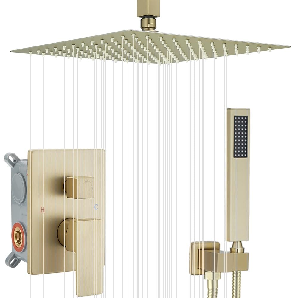 16 Inch Ceiling Mount Brushed Gold Shower System Bathroom Luxury Rain Mixer Shower Combo Set Ceiling Rainfall Shower Head System (Contain Shower Faucet Rough-in Valve Body and Trim)