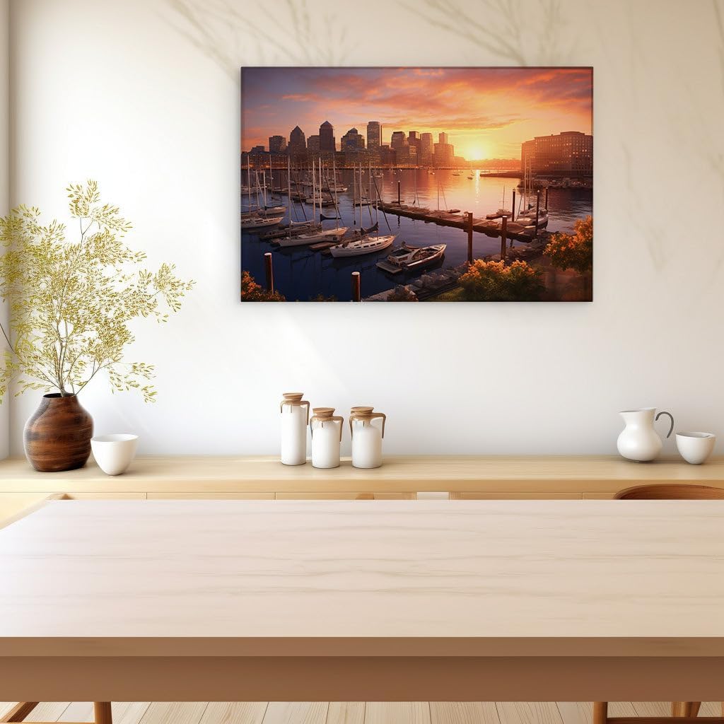 Canvas for Living room. Harbor Hues: When City Skylines Meet Sunset Serenity, 27 x 18 inch Canvas Wall Art - Ready to Hang
