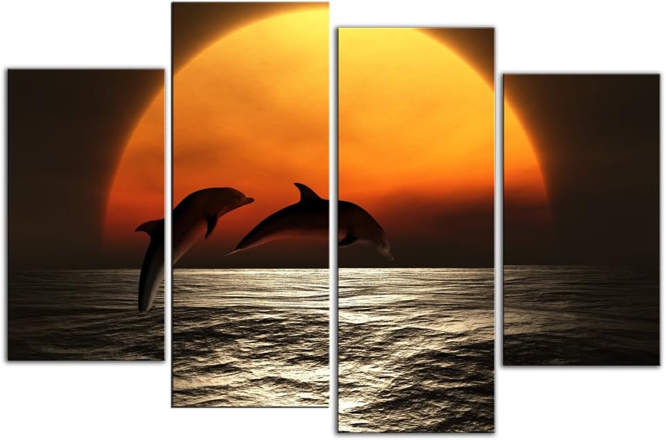 Large Dolphins Sunset Canvas artwork Unique design 4 pieces multi panel split canvas completely ready to hang hanging cord attached, hanging template included for easy hanging, hand made printed to order UK company 40” width 28” height