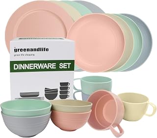 greenandlife 16 Pcs Plastic Dinnerware Set, Unbreakable Camping Plates and Bowls Set, Tableware for 4, Dinner Plate, Dessert Plate, Cereal Bowl, Cup, Dishwasher&Microwave Safe, Perfect for Kids, Adult
